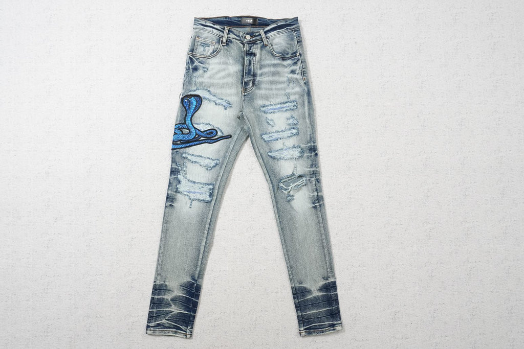 AMIRI CLEAR BLUE SNAKE RIPPED WHITE